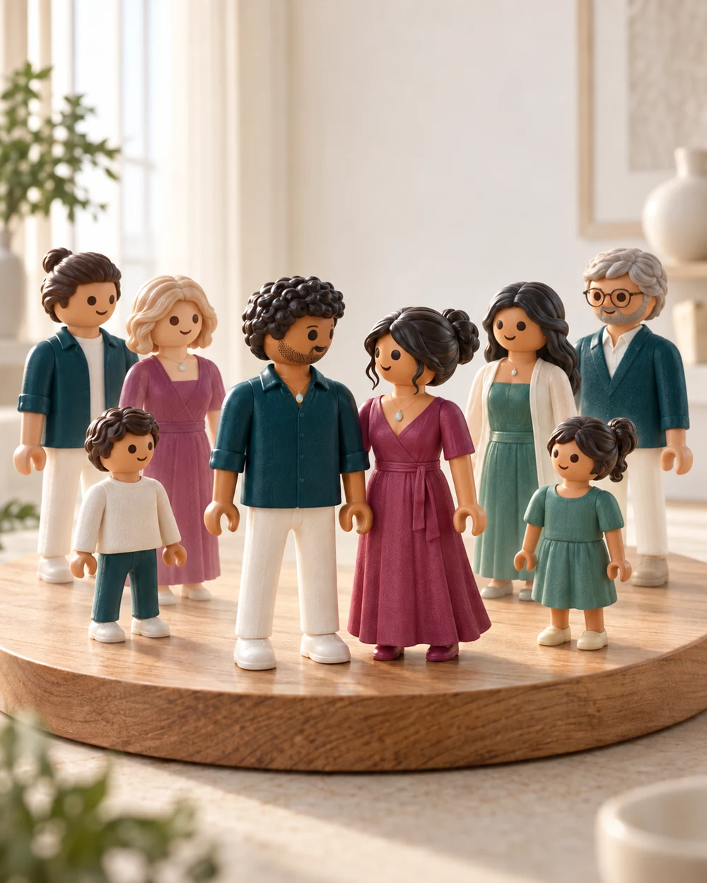 Couple de figurines portant des pendentifs d’opale, entouré de ses proches sur un plateau ; un homme porte les cheveux attachés