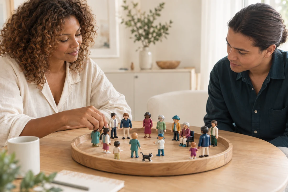 Scène illustrative : une praticienne déplace les figurines sur un plateau rond ; la personne accompagnée les observe sans les manipuler